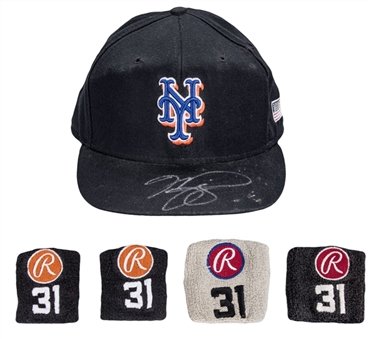 Lot of (5) Mike Piazza Game Used New York Mets 2001 Cap (Signed) & Wrist Bands (JSA)